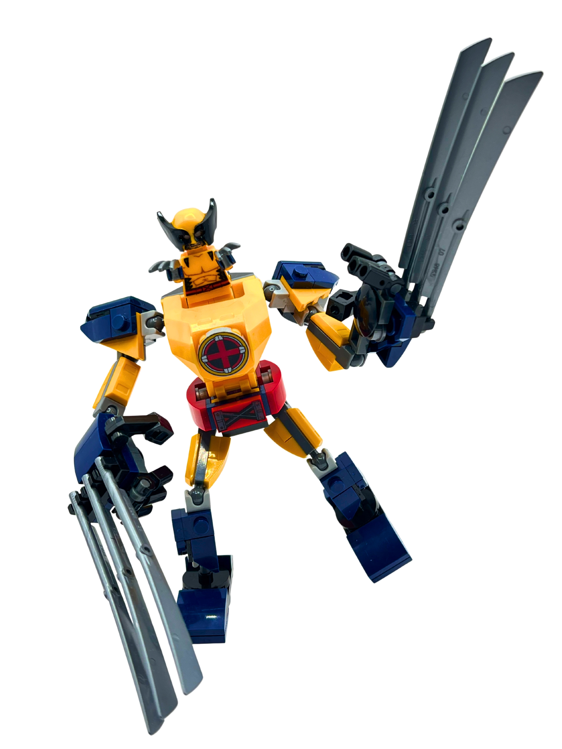 Wolverine X-Men mech in yellow and blue with adamantium claw attachments