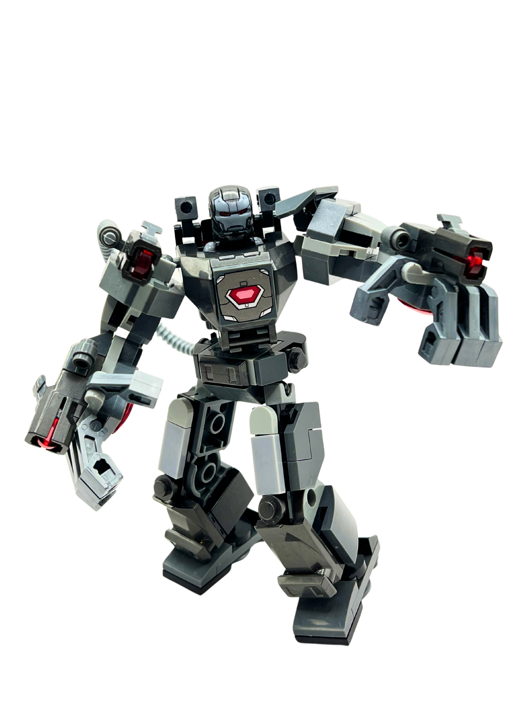 War Machine mech in gunmetal gray with shoulder cannons and arm blasters