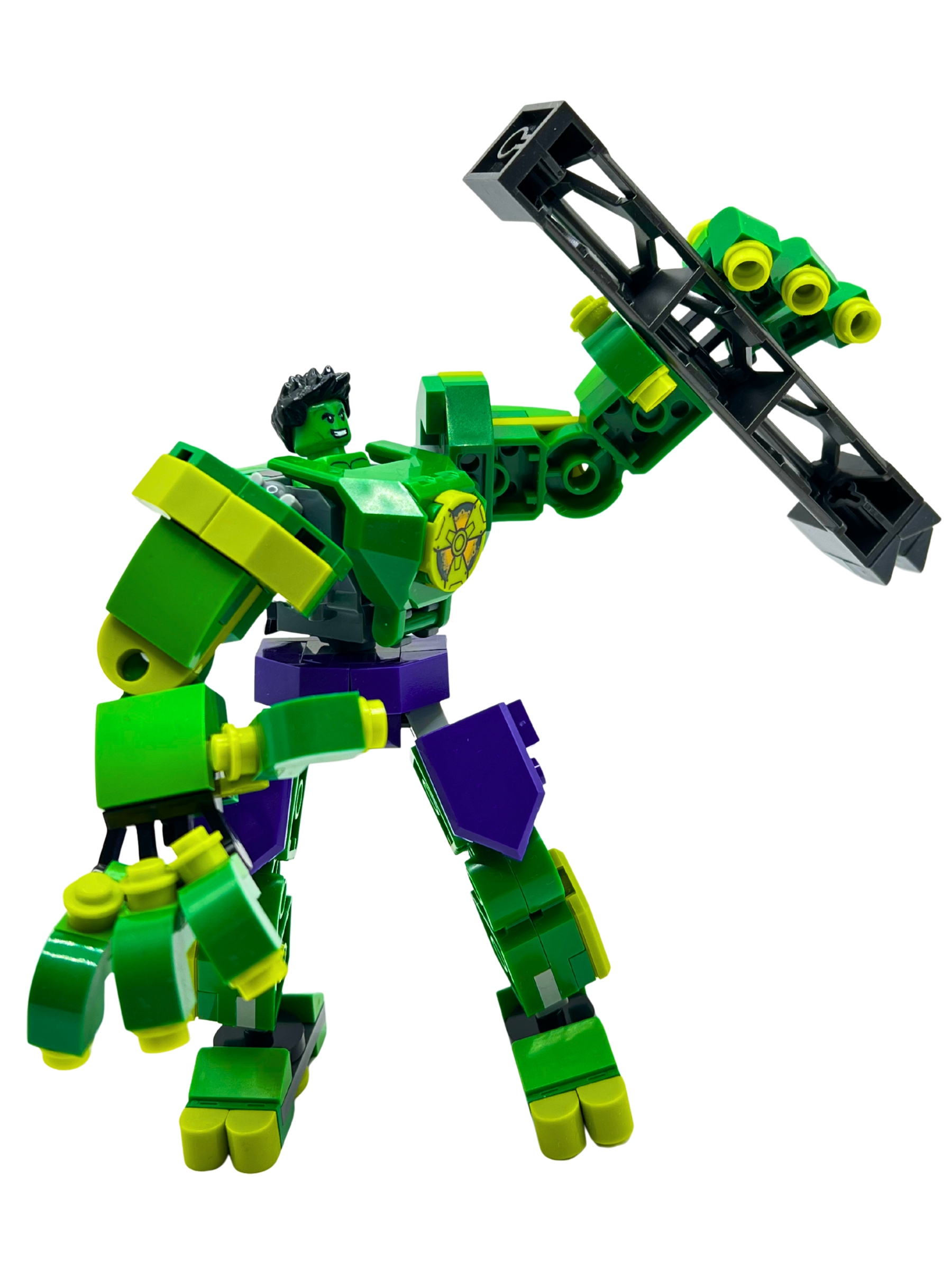 Hulk mech in green and purple with mechanical launcher arm