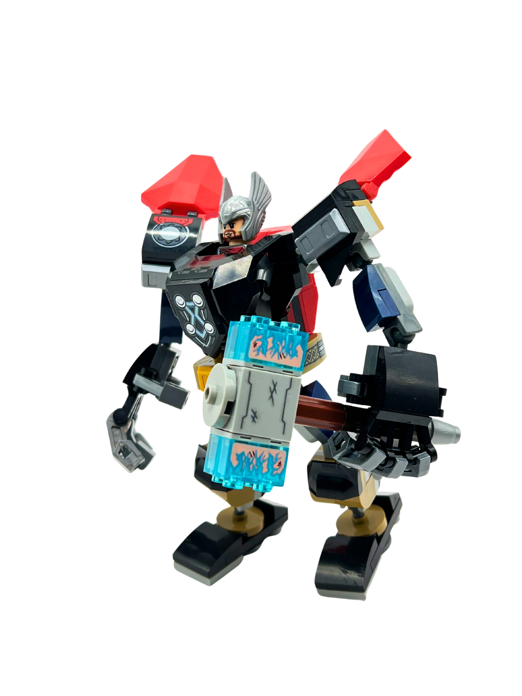 Thor mech with Mjolnir hammer and red cape details
