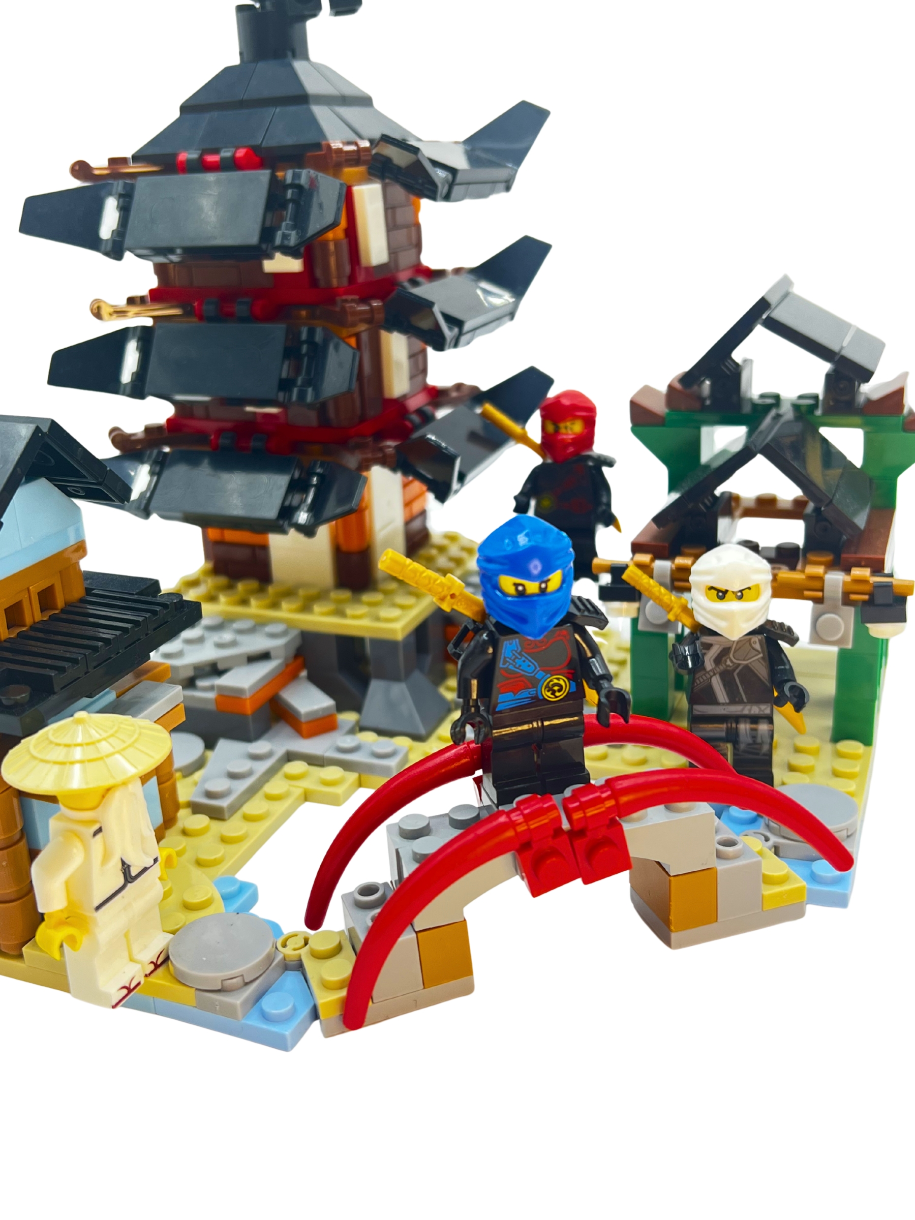 Ninja Fortress set - side angle showing blue and white ninja with fortress and red bridge